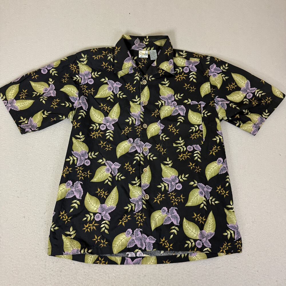 OP Ocean Pacific Women's S Petite Black Floral Cotton Hawaiian Shirt